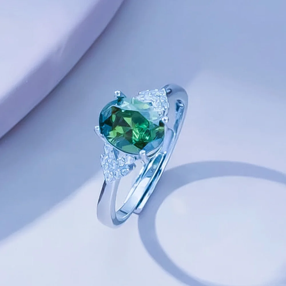 New Sterling Silver Elegant Minimalist Adjustable Peridot & White Sapphire Ring